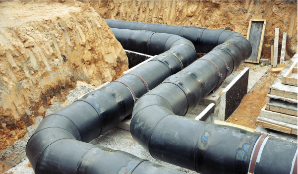 The process of laying of engineering heating systems. Two turning black plastic pipes in sandy trench.