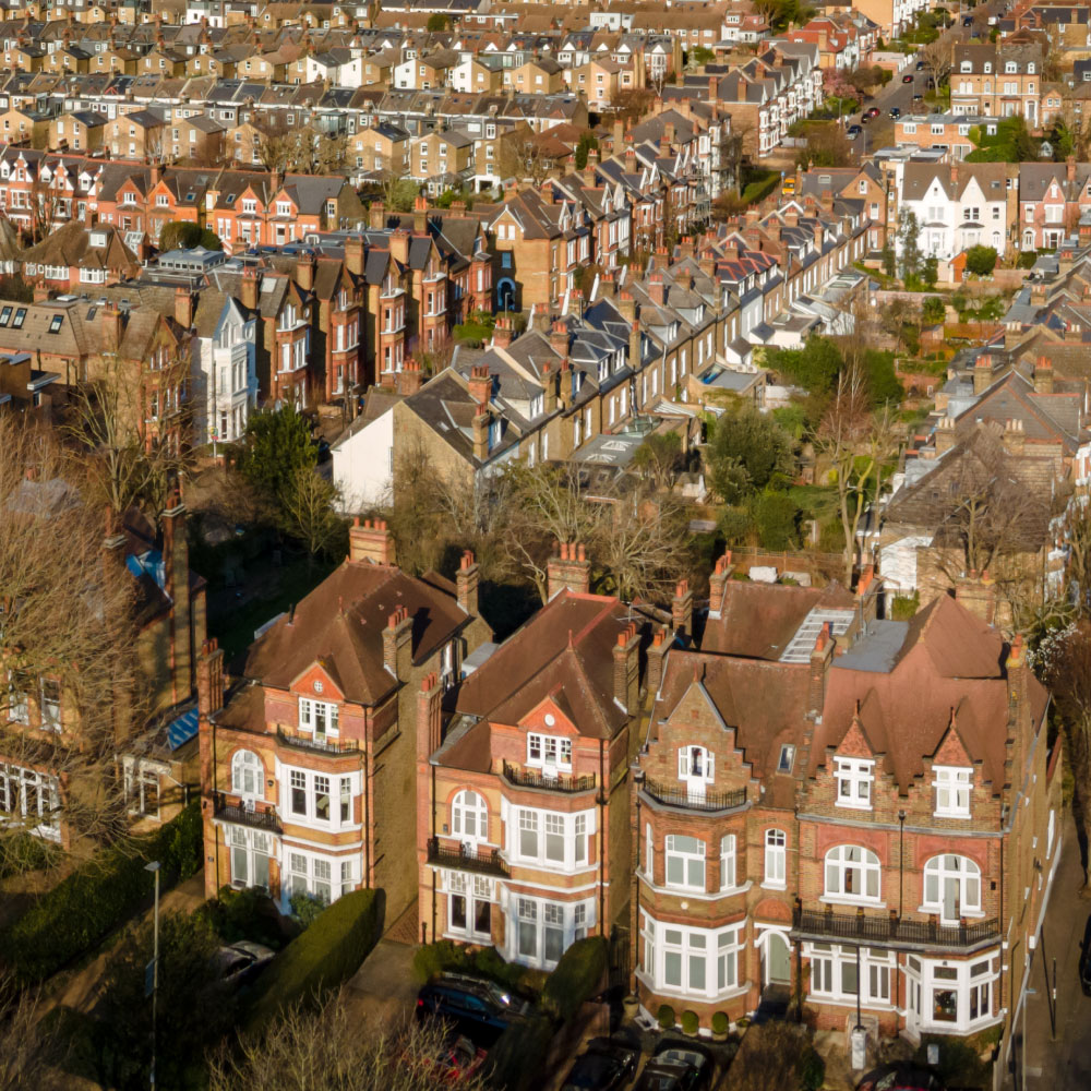 Aerial view of city of terraced house rooftops