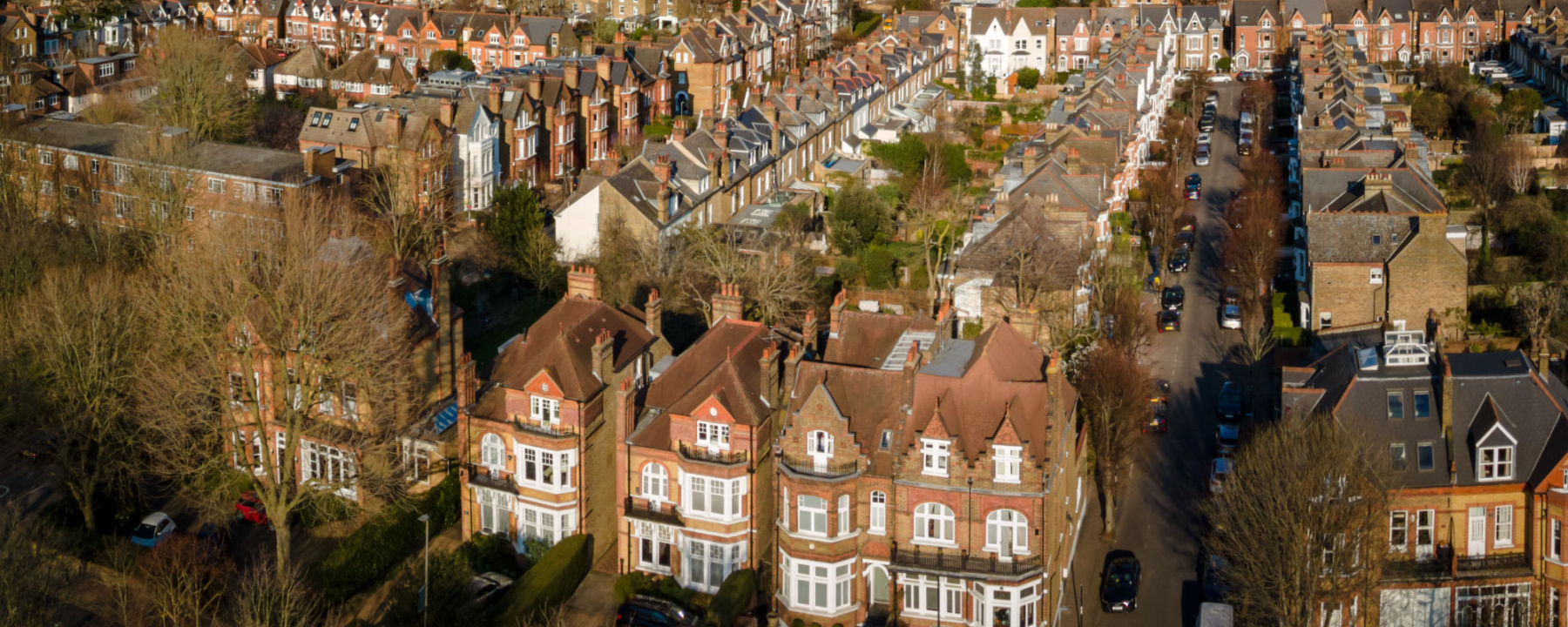 Aerial view of city of terraced house rooftops