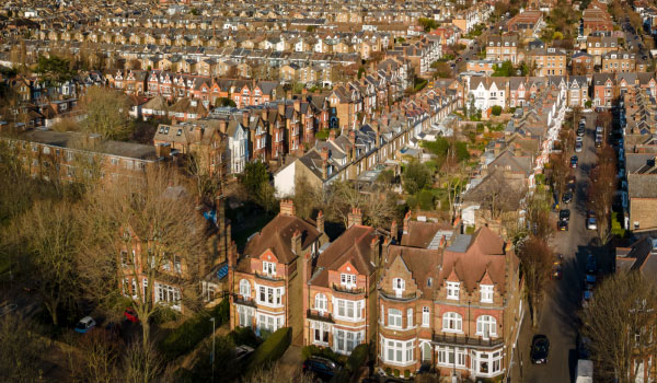 Aerial view of city of terraced house rooftops