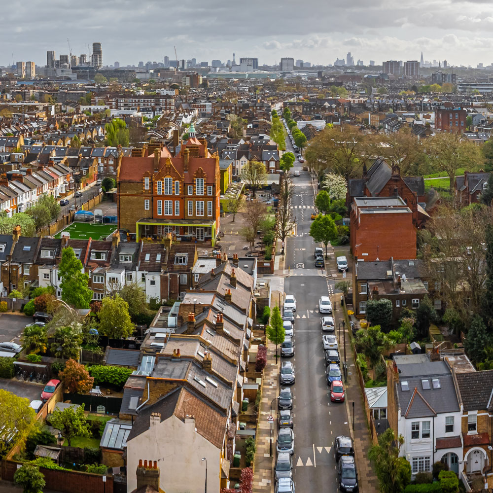 Aerial view of houses in Chiswick, a leafy London suburb with a village feel