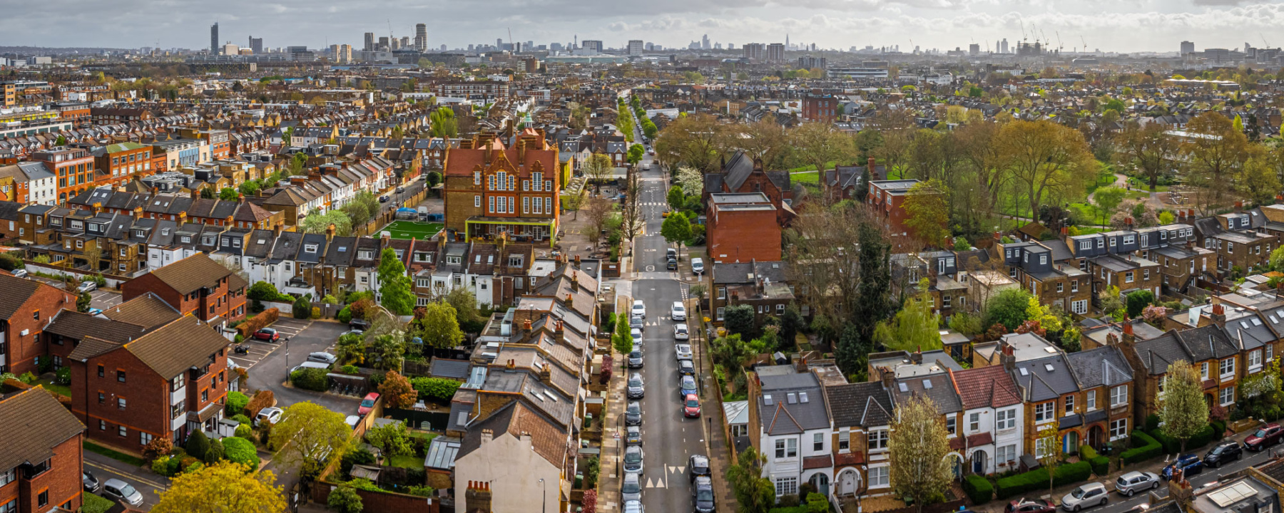 Aerial view of houses in Chiswick, a leafy London suburb with a village feel