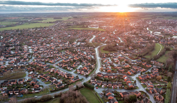 Aerial view of houses in an English City